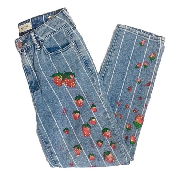 PacSun Denim - PacSun Custom Painted Mom Jeans Strawberry Striped